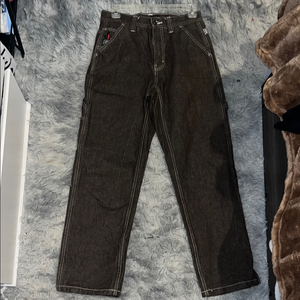 Loose Fit Brown Vans Jeans with White Stitching
